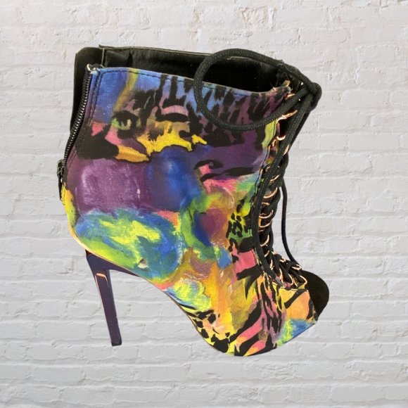 PRIVILEGED SHOES -- Peep Toe Booties/Ankle Boots, Dual Patterned, Rear Zip - Picture 5 of 12